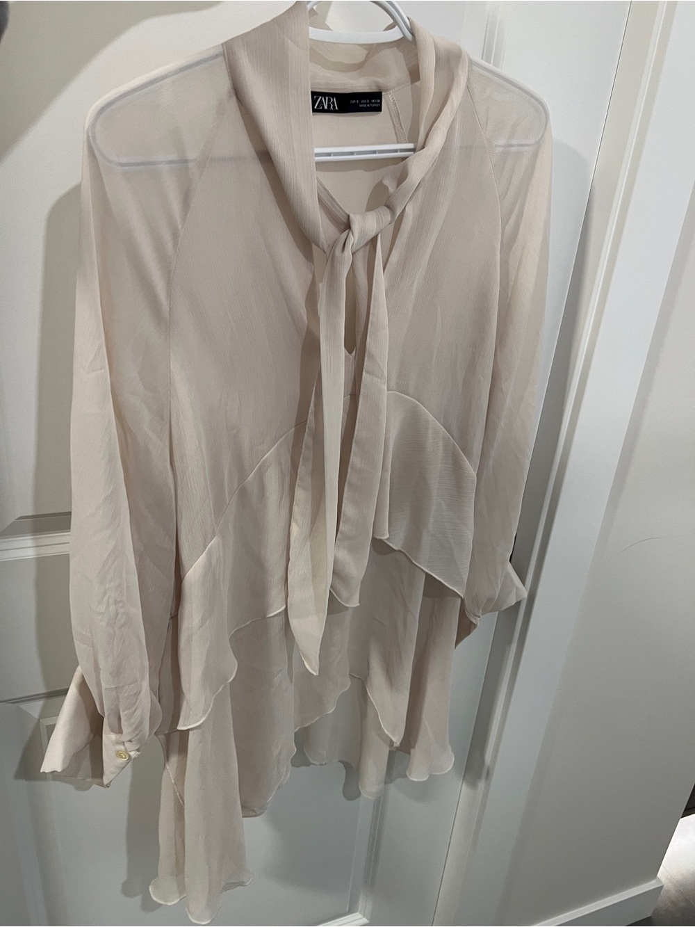 Zara Light Beige Tie-Neck Ruffle Blouse